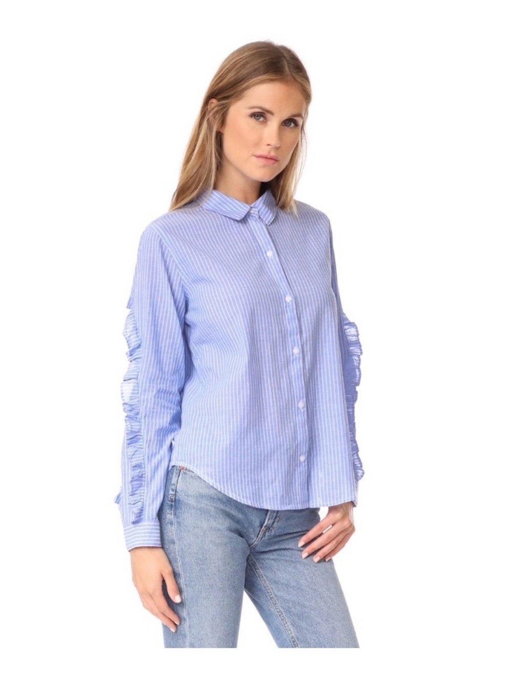 Rails Revolve Lizzi Shirt Ruffle Sleeve Poplin Stripe Botton down Small Preppy